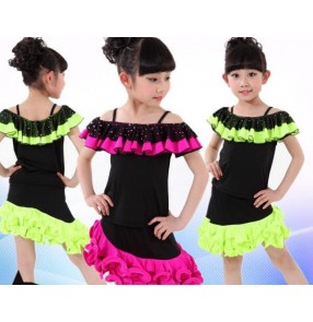 Neon green fuchsia hot pink black girls kids children patchwork ruffles neck competition performance latin salsa cha cha dance dresses